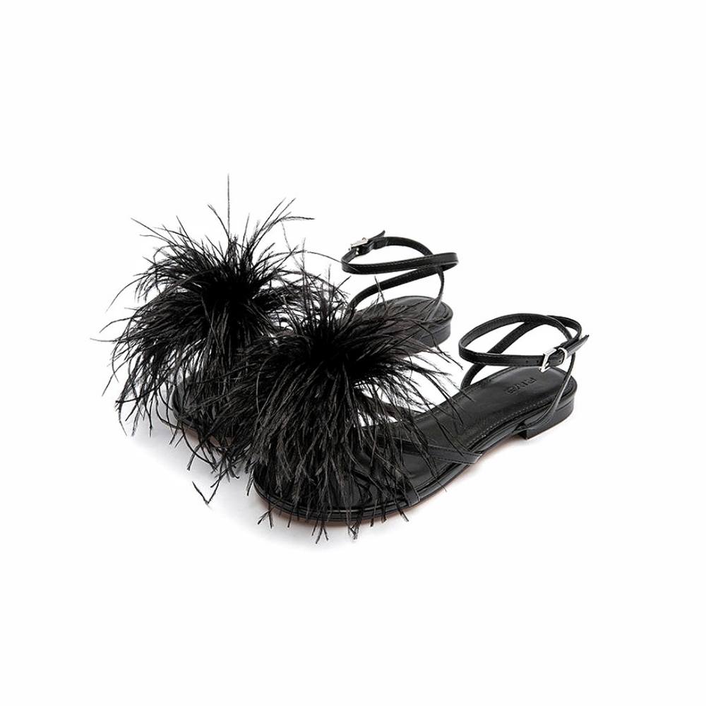 Bottega Veneta Wonderbird Feather Dot Black Leather Flat Sandal Shoes